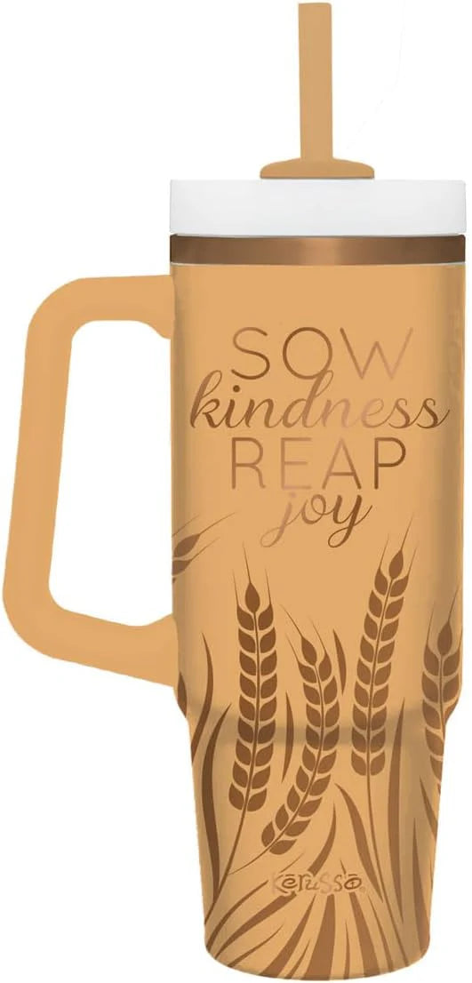 Kerusso Stalks of Grain Amber Yellow 30 Ounce Lidded Stainless Steel Travel Tumbler with Straw, Sow Kindness Reap Joy
