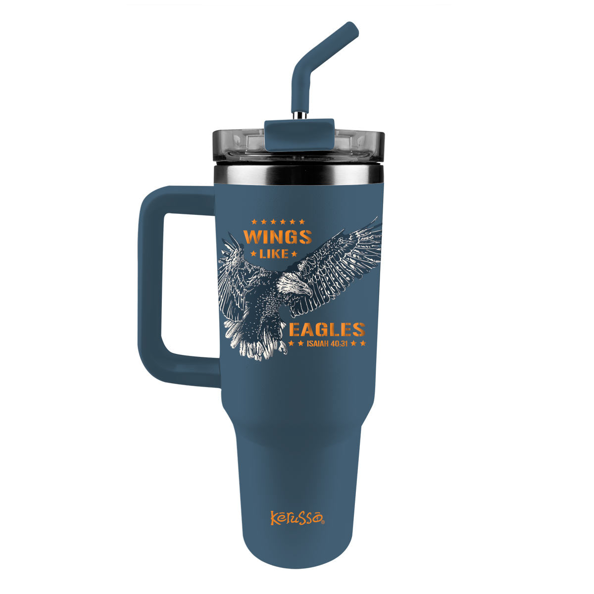 Kerusso Blue and Orange 40 Ounce Lidded Stainless Steel Travel Tumbler with Straw, Wings Like Eagles