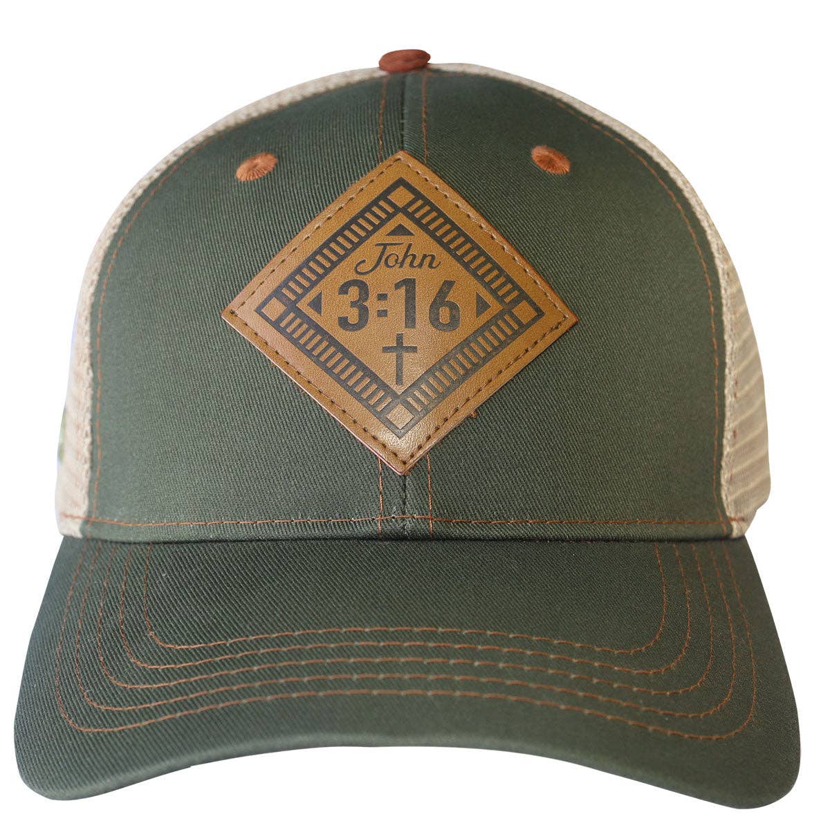 Kerusso Mens Cap John 3:16 Leather: Military Green/Tan / One Size Fits Most