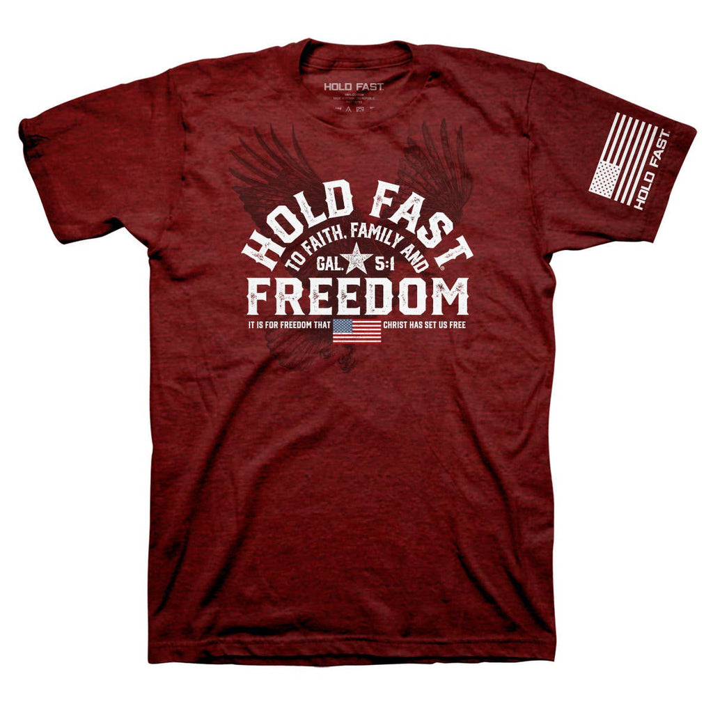 HOLD FAST Mens T-Shirt Freedom Eagle Crest: Peppered Red Heather / Medium