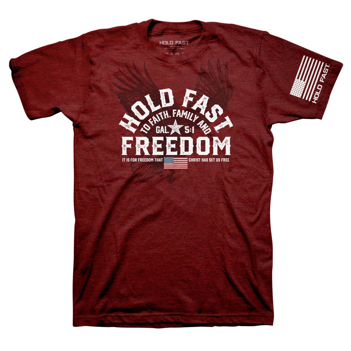 HOLD FAST Mens T-Shirt Freedom Eagle Crest: Peppered Red Heather / X-Large