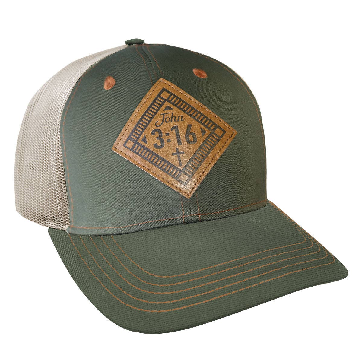 Kerusso Mens Cap John 3:16 Leather: Military Green/Tan / One Size Fits Most