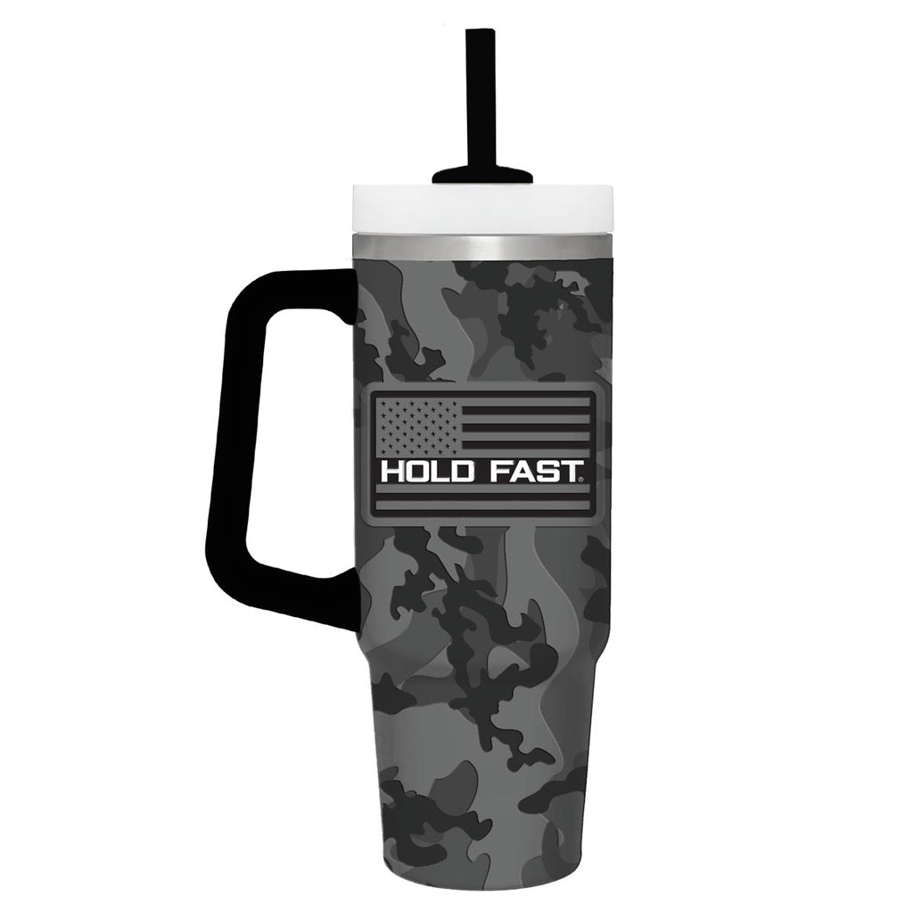 Kerusso Patriotic American Flag Black, Grey Camouflage 30 Ounce Lidded Stainless Steel Travel Tumbler with Straw