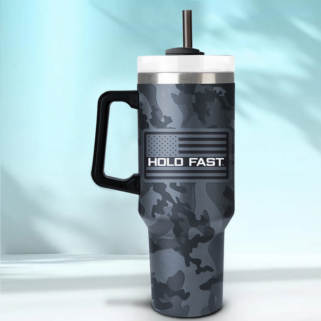 Kerusso Patriotic American Flag Black, Grey Camouflage 30 Ounce Lidded Stainless Steel Travel Tumbler with Straw