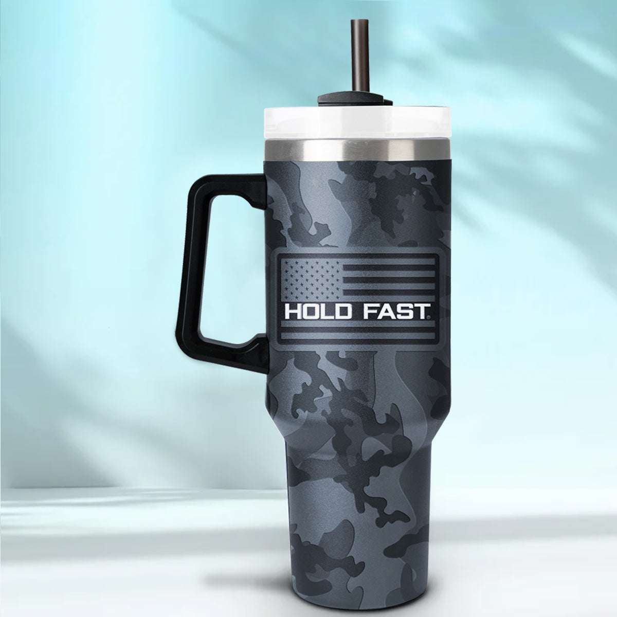 Kerusso Patriotic American Flag Black, Grey Camouflage 30 Ounce Lidded Stainless Steel Travel Tumbler with Straw