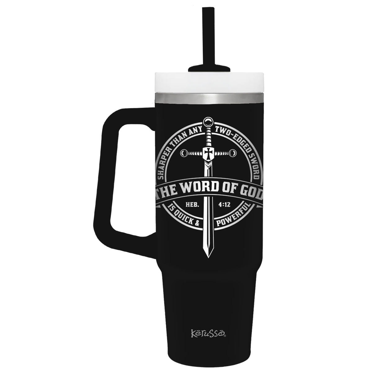 Kerusso Cross, Sword Design Black, Silver Tone 30 Ounce Lidded Stainless Steel Travel Tumbler with Straw, Word of God Quick & Powerful