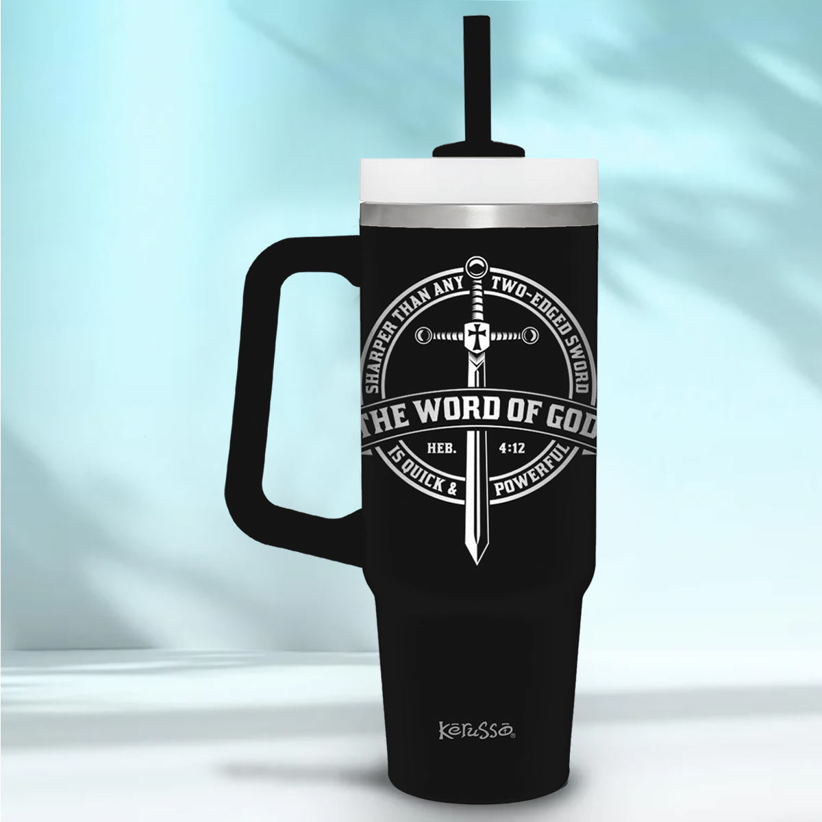 Kerusso Cross, Sword Design Black, Silver Tone 30 Ounce Lidded Stainless Steel Travel Tumbler with Straw, Word of God Quick & Powerful
