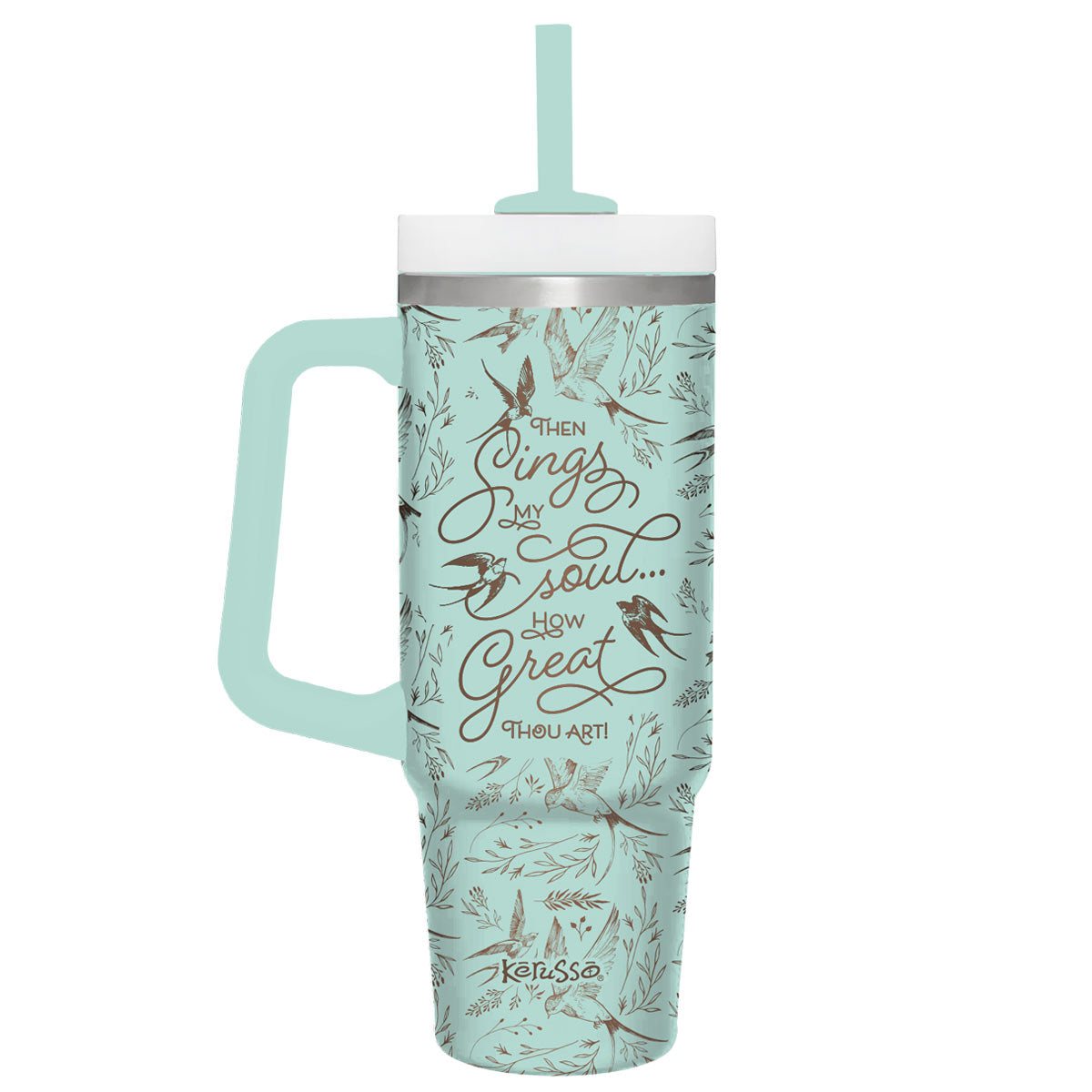 Kerusso Floral Bird Design Mint Green 30 Ounce Lidded Stainless Steel Travel Tumbler with Straw, How Great Thou Art