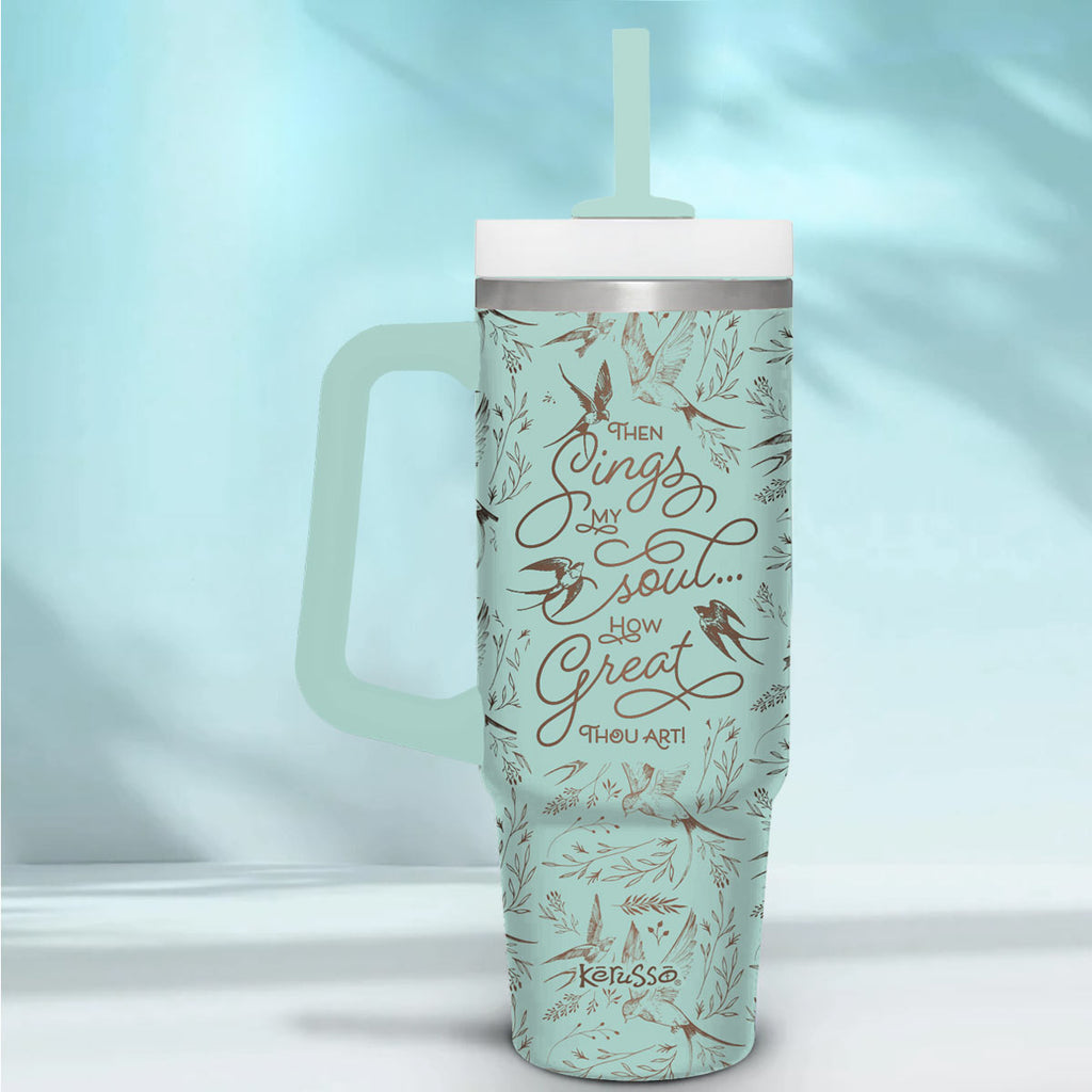 Kerusso Floral Bird Design Mint Green 30 Ounce Lidded Stainless Steel Travel Tumbler with Straw, How Great Thou Art