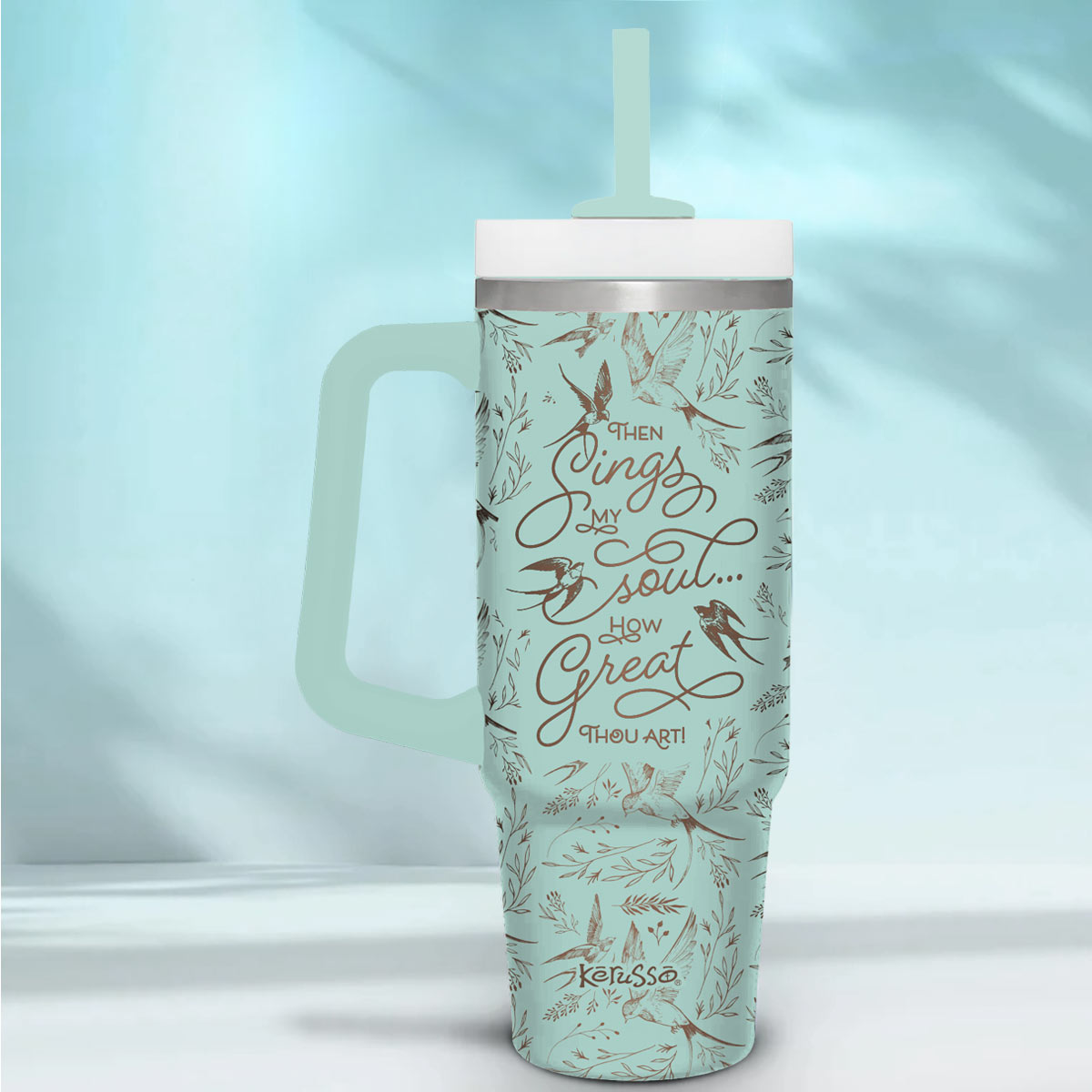 Kerusso Floral Bird Design Mint Green 30 Ounce Lidded Stainless Steel Travel Tumbler with Straw, How Great Thou Art