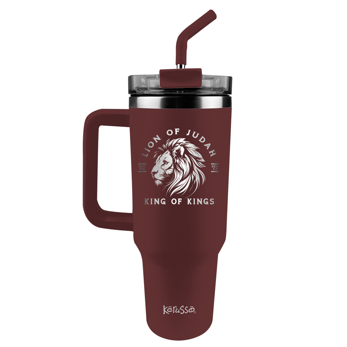 Kerusso King of Kings Red and Silver Tone 40 Ounce Lidded Stain Less Steel Travel Tumbler with Straw, Lion of Judah