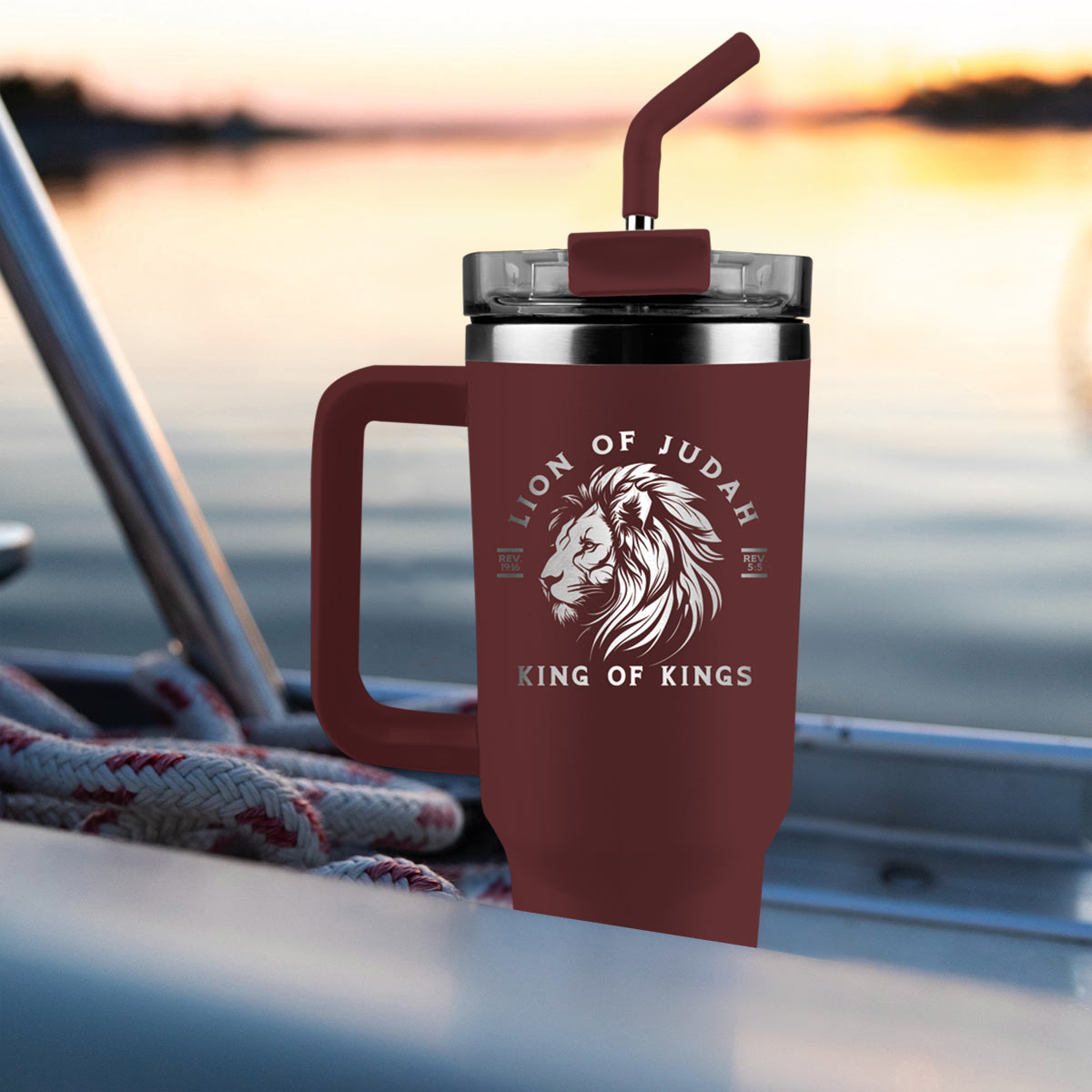 Kerusso King of Kings Red and Silver Tone 40 Ounce Lidded Stain Less Steel Travel Tumbler with Straw, Lion of Judah