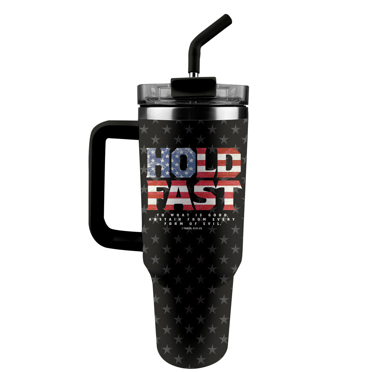 Kerusso American Flag Design Black 40 Ounce Lidded Stainless Steel Travel Tumbler with Straw, Hold Fast to What is Good