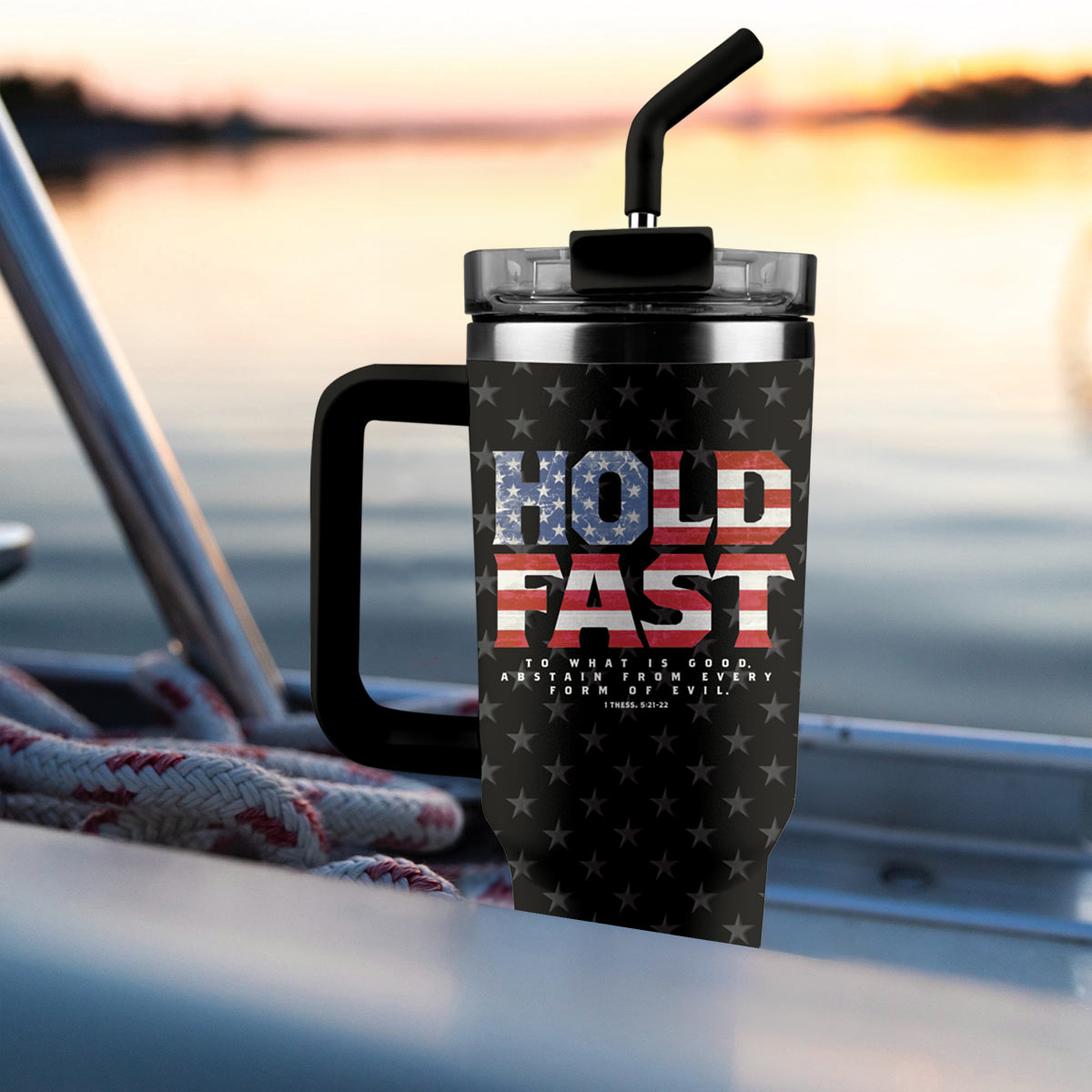 Kerusso American Flag Design Black 40 Ounce Lidded Stainless Steel Travel Tumbler with Straw, Hold Fast to What is Good