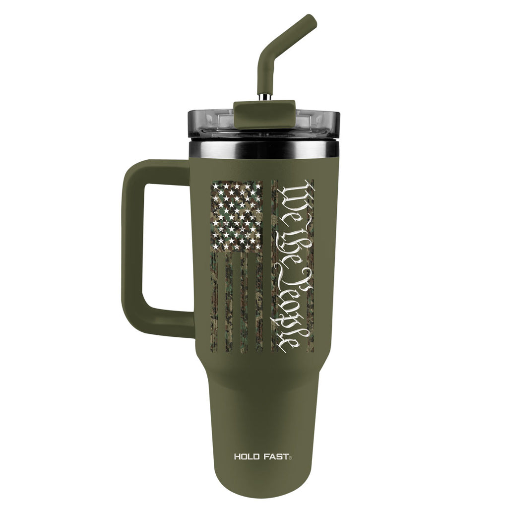 Kerusso Hold Fast, Patriotic Flag Design, Green 40 Ounce Lidded Stainless Steel Travel Tumbler with Straw