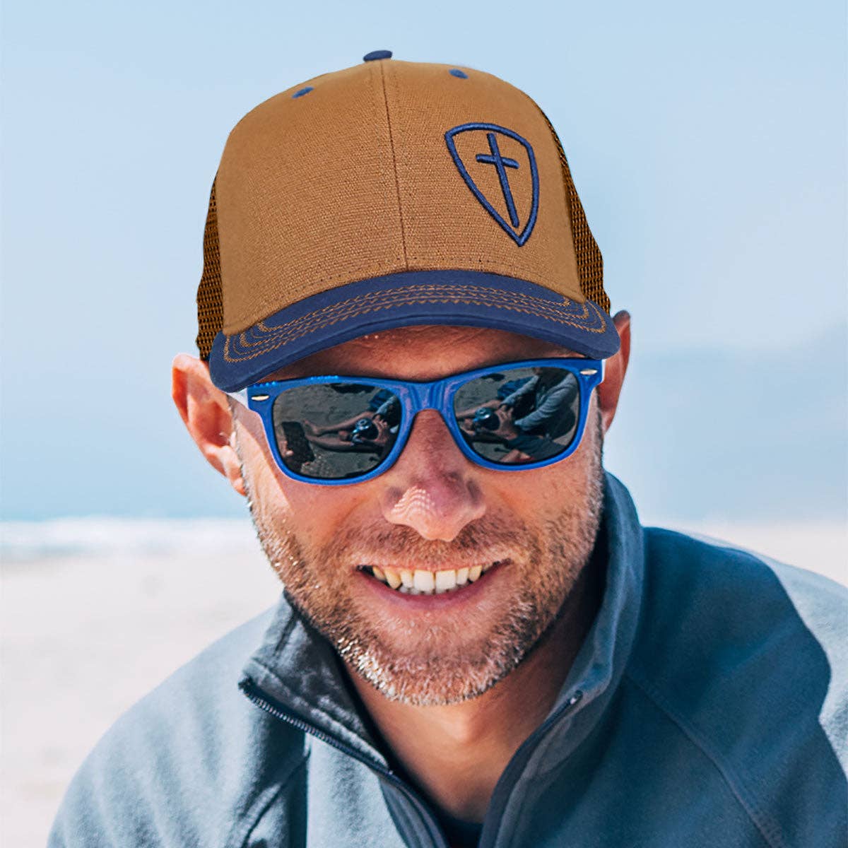 Kerusso Mens Cap Blue Cross Shield: Brown/Blue / One Size Fits Most